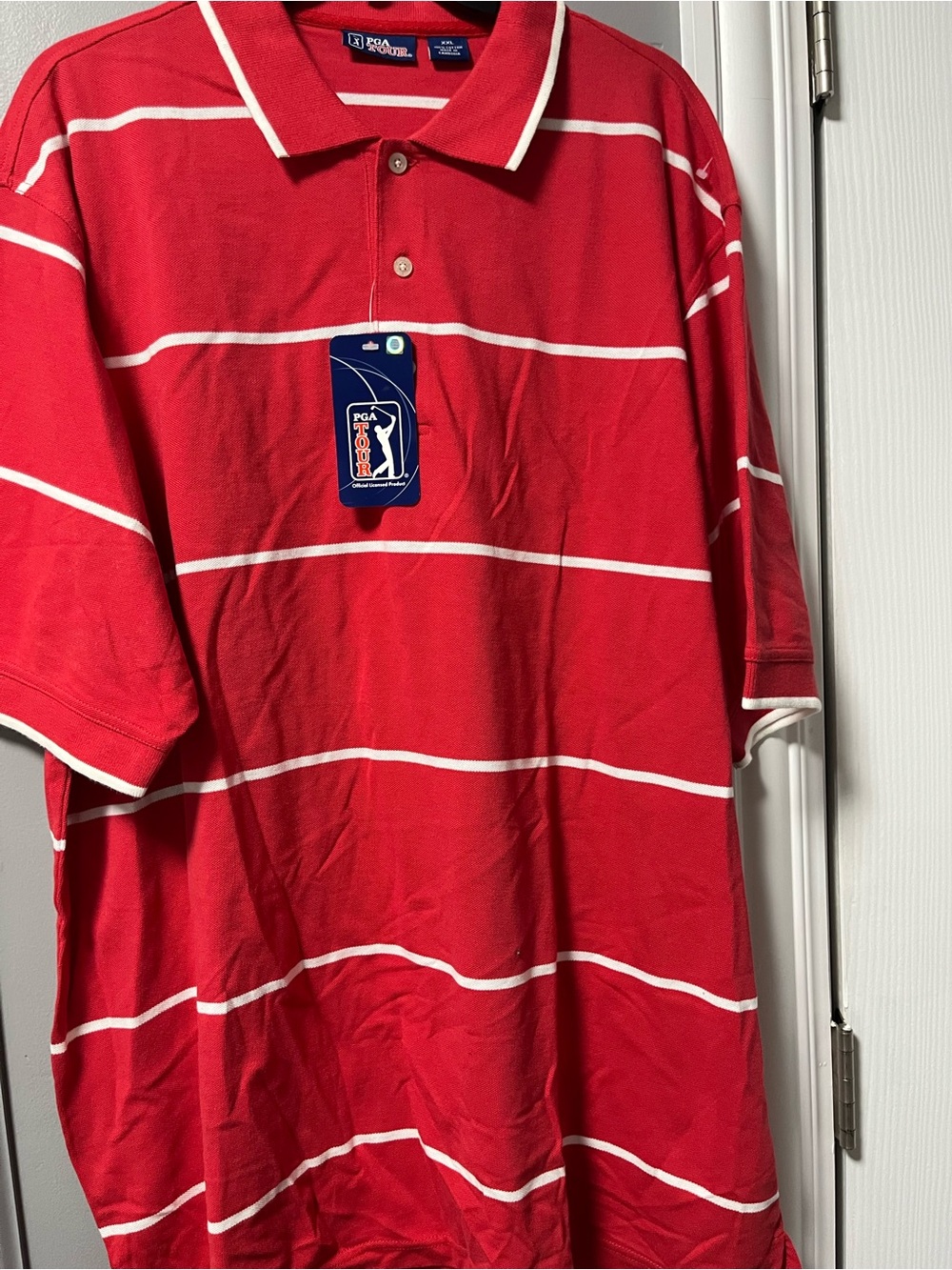 PGA Tour Red Polo with White Stripes